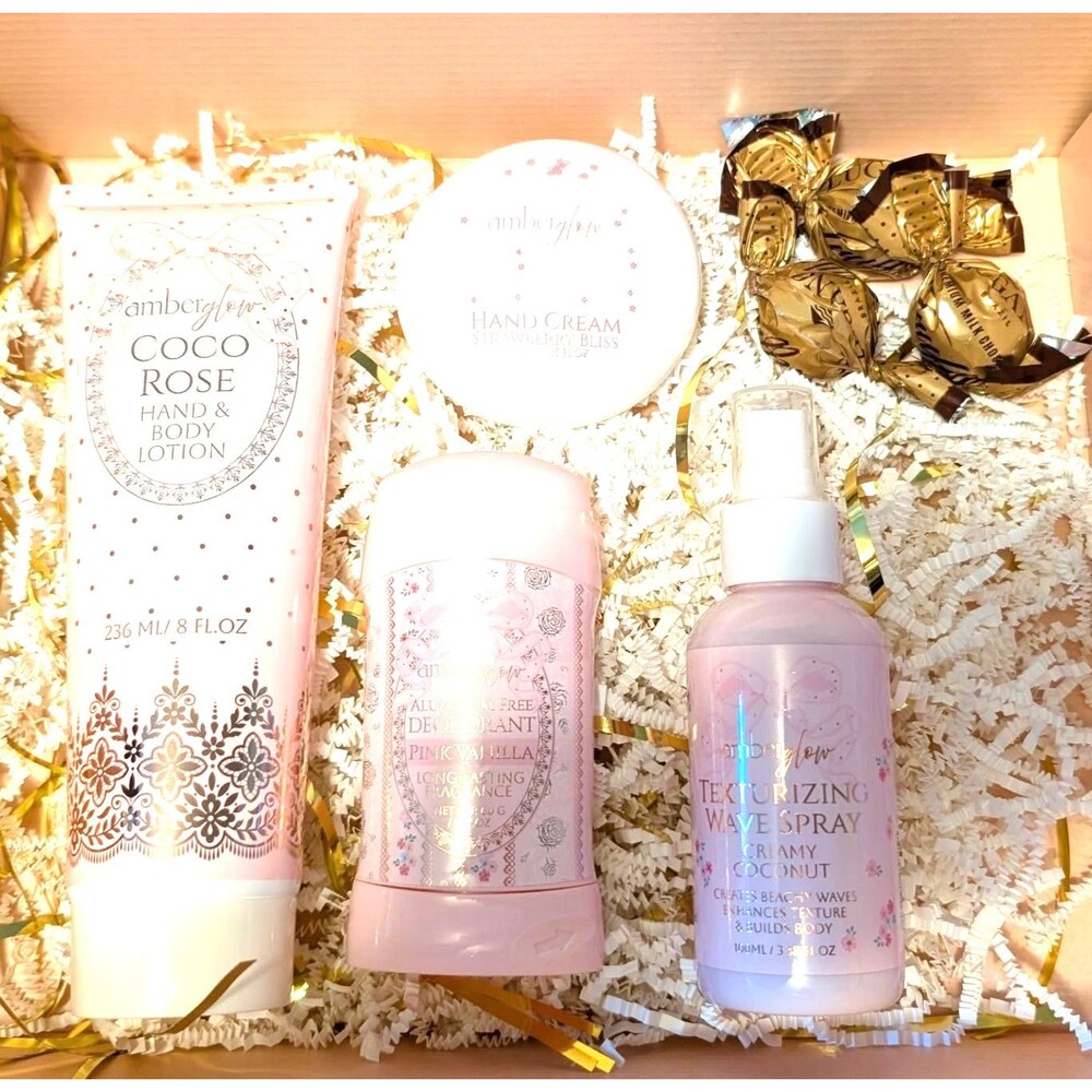 Amber Glow Pink Lotion, Hand Cream, Texturizing Spray & Deodorant Gift Set